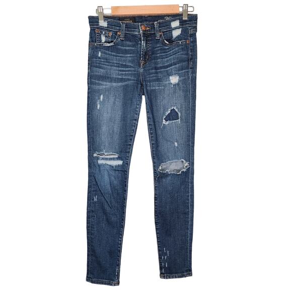 J. Crew Toothpick Skinny Jeans Dark Wash Mid Rise Patched Distressed 26 - Picture 1 of 9